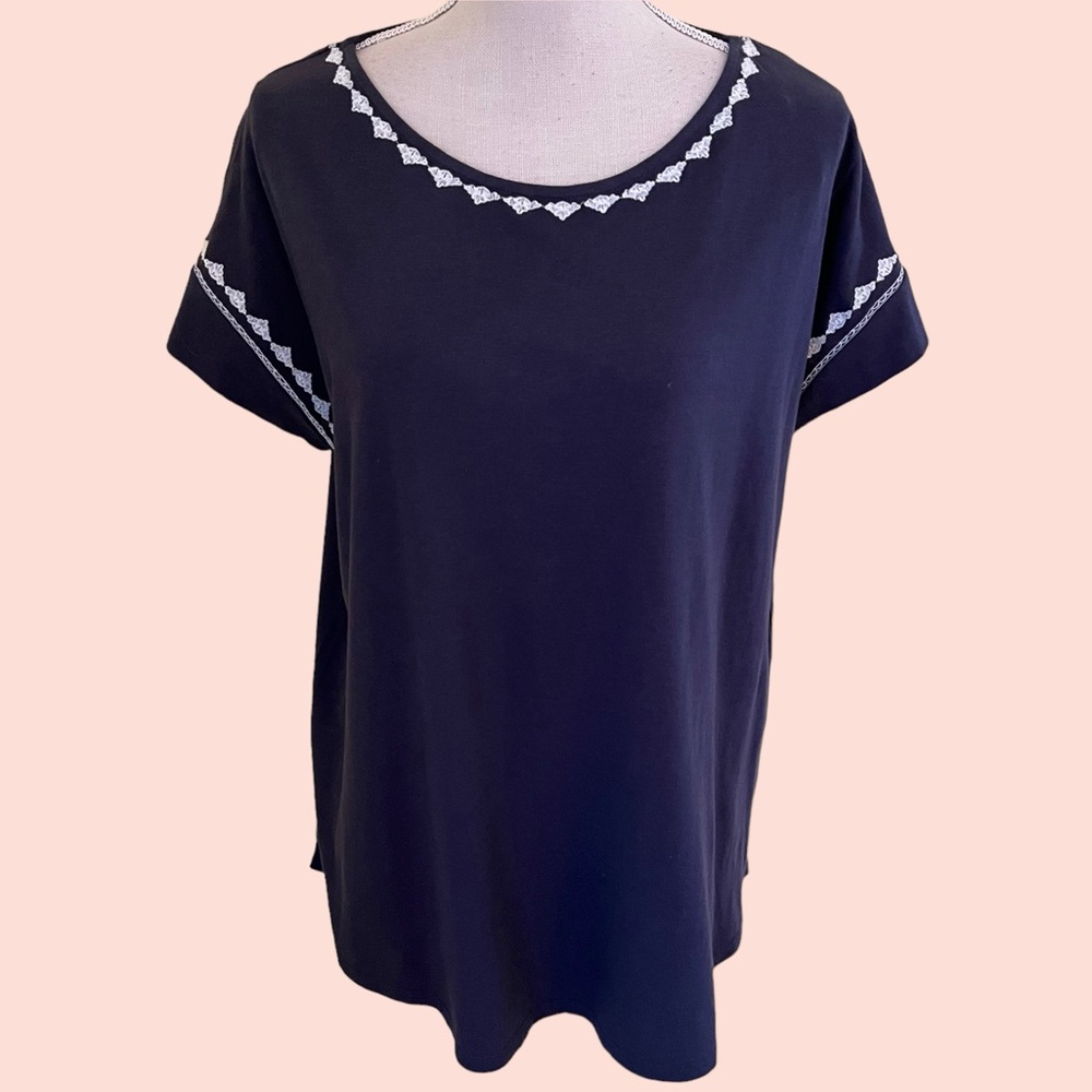 Pure Jill Navy And White Embroidered Cap Sleeve Scoop Neck Women's Top L J. Jill